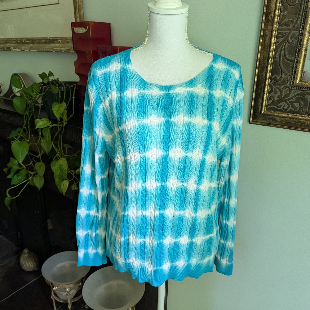 Talbots Wms XL Crewneck Pullover Linear Tie-Dye Blue White Cable Knit Beach 151